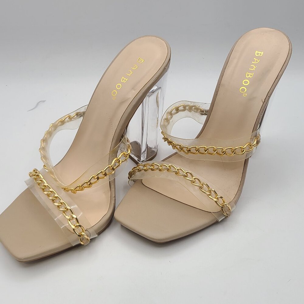 Bamboo Clear Strap Chain Heels – Size 6 – Nude/Gold – Transparent Block Heel